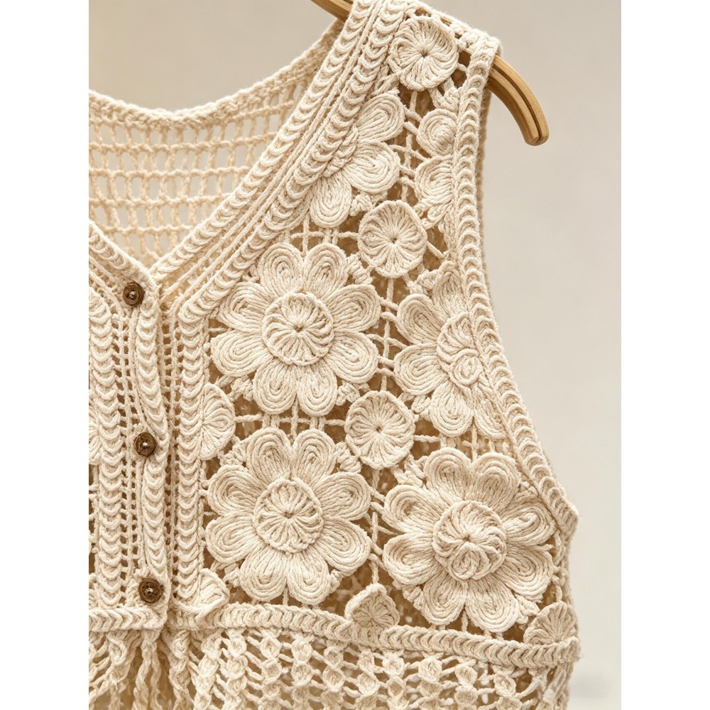 Unbranded Boho Crochet Fringe Vest Cream V-Neck Button Front Sleeveless NEW S/M - Picture 3 of 4